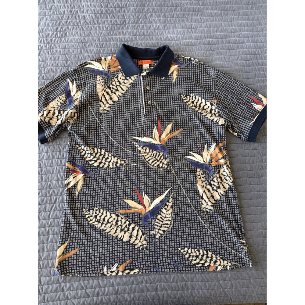 Urban Outfitters BDG Mens Bird of Paradise Floral Polo Shirt Navy Blue Medium - Picture 2 of 9